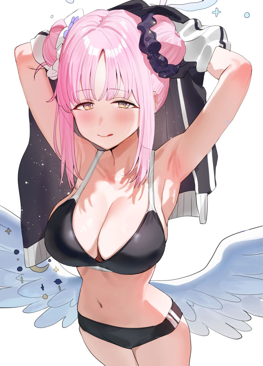 1girl absurdres angel_wings armpits bikini black_bikini blue_archive blush breasts cleavage closed_mouth cowboy_shot crescent crescent_pin double_bun feathered_wings hair_bun halo highres jacket large_breasts long_hair looking_at_viewer mika_(blue_archive) navel pink_hair pink_halo smile solo subachi swimsuit tongue tongue_out track_jacket white_wings wings yellow_eyes