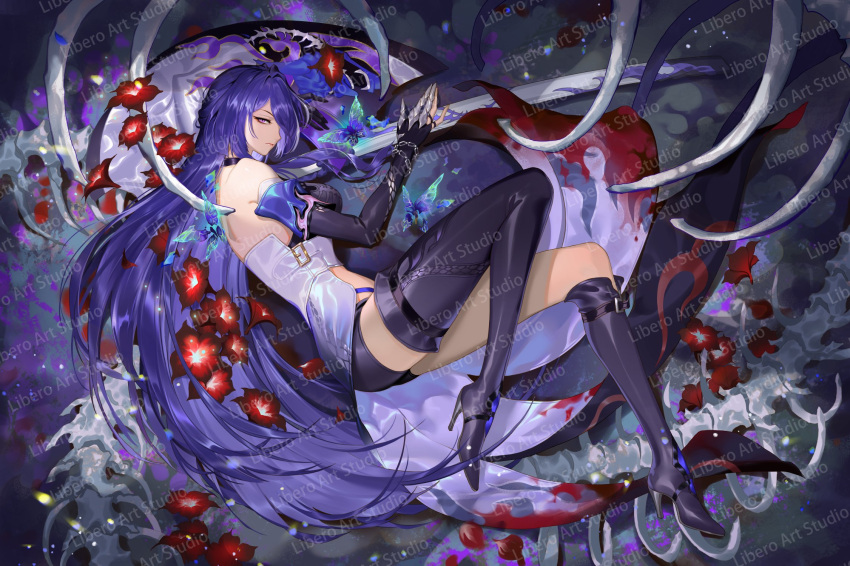 1girl acheron_(honkai:_star_rail) artist_name asymmetrical_footwear back black_choker black_gloves black_shorts bone boots breasts bug butterfly chain choker cleavage coat coattails detached_sleeves flower gloves hair_over_one_eye high_heels highres honkai:_star_rail honkai_(series) libero_art long_hair looking_at_viewer midriff multicolored_hair navel on_ground purple_eyes purple_hair red_flower scabbard sheath sheathed short_shorts shorts single_bare_shoulder skeleton solo stomach streaked_hair sword thigh_boots thighs watermark weapon white_coat