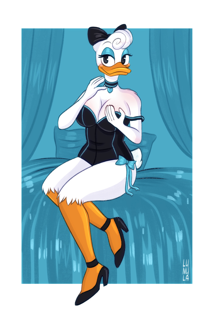 absurd_res accessory anatid anseriform anthro avian big_breasts bird black_clothing black_corset black_hair_bow blue_mascara bow_ribbon breasts cleavage clothed clothing daisy_duck disney donald's_dynamite donald's_dynamite:_opera_box duck female footwear hair_accessory hair_bow hair_ribbon hi_res high_heels looking_at_viewer lunula_(artist) one-piece_dress ribbons self_grope solo tail touching_breast undressing