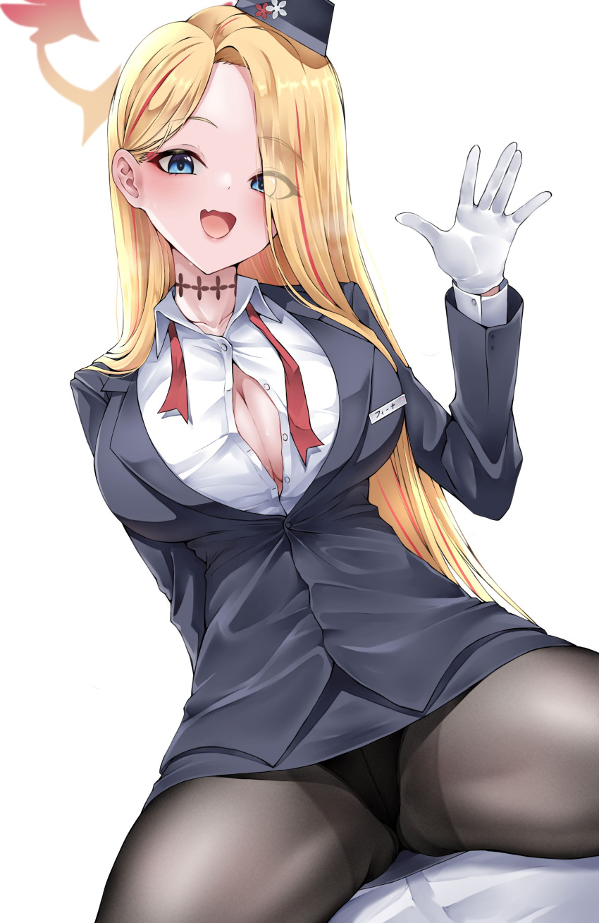 1girl absurdres black_hat black_panties black_pantyhose black_skirt blonde_hair blue_archive blue_eyes blush breasts buttons cleavage collared_shirt cowboy_shot gloves halo hat highres large_breasts lds_(dstwins97) long_hair long_sleeves multicolored_hair official_alternate_costume open_mouth panties panties_under_pantyhose pantyhose partially_unbuttoned pina_(blue_archive) pina_(guide)_(blue_archive) red_hair red_halo shirt simple_background skirt smile solo streaked_hair thighs underwear white_background white_gloves white_shirt