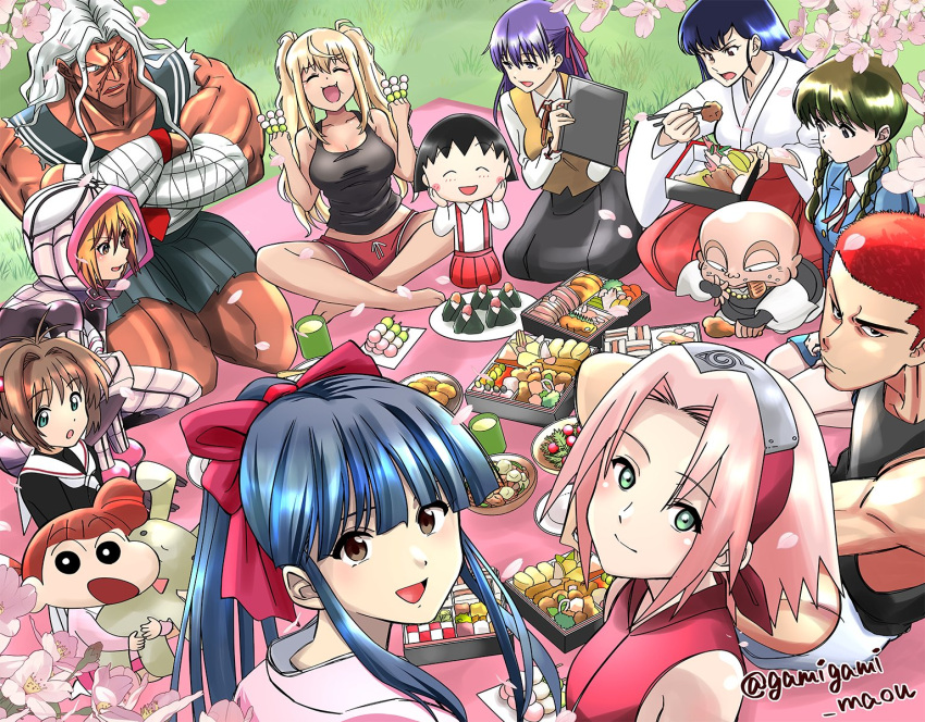 2boys 6+girls artist_name bald bandages bare_shoulders bento black_hair black_tank_top blonde_hair blue_hair blunt_bangs blush bow braid branch breasts brown_eyes brown_hair buzz_cut cardcaptor_sakura character_request cherry_(urusei_yatsura) cherry_blossoms cherry_tomato chibi_maruko-chan child cleavage closed_eyes closed_mouth copyright_request crayon_shin-chan crossed_arms crossover danganronpa:_trigger_happy_havoc danganronpa_(series) dango dark-skinned_female dark_skin deadpool_(series) dot_nose dumbbell_nan_kilo_moteru? eating falling_petals fate/stay_night fate_(series) flower food fuurinkan_high_school_uniform gamigami_maou_(artist) ganguro green_eyes green_tea gyaru hair_bow hair_intakes hair_ribbon hanami haruno_sakura homurahara_academy_school_uniform japanese_clothes kimono kinomoto_sakura kyoukai_no_rinne long_hair long_sleeves looking_at_another looking_at_viewer mamiya_sakura marvel matou_sakura miko multiple_boys multiple_crossover multiple_girls muscular muscular_female muscular_male name_connection naruto_(series) naruto_shippuuden ogami_sakura old old_man onigiri open_mouth outdoors petals picnic pink_flower pink_hair pleated_skirt ponytail pun purple_eyes purple_hair red_bow red_hair red_ribbon red_shorts red_skirt ribbon sailor_collar sakura_(urusei_yatsura) sakura_hibiki sakura_momoko sakura_spider sakura_taisen sakurada_nene sakuragi_hanamichi sanshoku_dango scar school_uniform seiza serafuku shinguuji_sakura shirt short_hair shorts sidelocks sitting skirt slam_dunk_(series) smile spring_(season) suspender_skirt suspenders tan tank_top tea tomato toned toned_male twin_braids twintails urusei_yatsura v-shaped_eyebrows very_short_hair wagashi white_hair