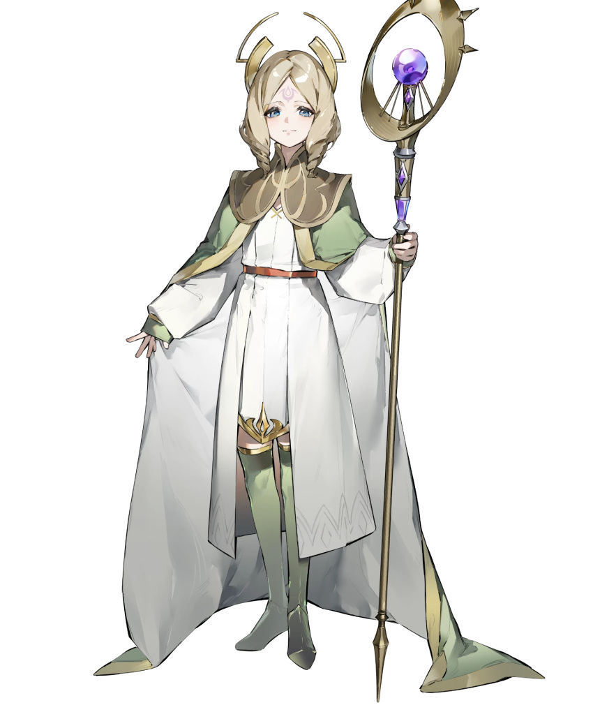 1girl aged_down aqua_eyes blonde_hair boots brand_of_the_exalt cape drill_hair drill_sidelocks emmeryn_(child)_(fire_emblem) emmeryn_(fire_emblem) facial_mark fire_emblem fire_emblem_awakening fire_emblem_heroes forehead_mark green_cape green_footwear highres holding holding_staff knee_boots looking_at_viewer medium_hair multicolored_cape multicolored_clothes non-web_source robe sidelocks smile solo staff tachi-e tagme tiara white_cape white_robe