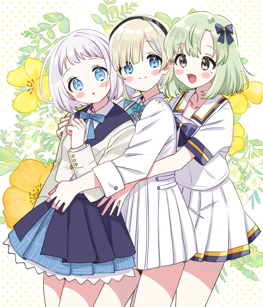 3girls :o absurdres blonde_hair blush floral_background gakuen_idolmaster green_hair grey_hair highres hug hug_from_behind idolmaster idolmaster_(classic) idolmaster_starlit_season idolmaster_stella_stage in-franchise_crossover katsuragi_lilja looking_at_another looking_at_viewer multiple_girls neck_ribbon okuzora_kohaku pleated_skirt ribbon school_uniform serafuku shiika_(idolmaster) skirt smile sukoyaka_(100hituzi)