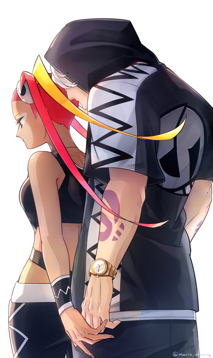 1boy 1girl absurdres arm_tattoo backlighting crop_top dark_skin eyelashes eyeshadow guzma_(pokemon) hair_ornament highres holding_hands hood hoodie jewelry long_hair makeup mario_(2669431) multicolored_hair necklace pink_hair plumeria_(pokemon) pokemon pokemon_sm quad_tails simple_background skull_hair_ornament smile tattoo team_skull twitter_username two-tone_hair watch white_background wristwatch yellow_eyes