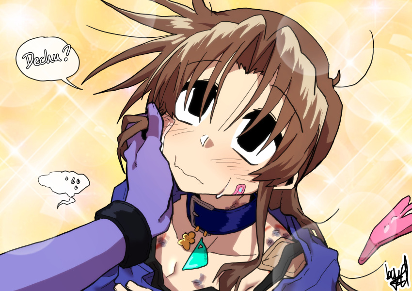 1girl 1other absurdres bandaid bandaid_on_cheek bandaid_on_face black_bracelet black_eyes blue_collar blue_shirt blush breasts brown_hair bruise bruise_on_shoulder cleavage closed_mouth collar collarbone colored_skin ed-chan_(edkuroki) edkuroki gauze_on_cheek gauze_on_shoulder hair_intakes hand_on_another's_cheek hand_on_another's_face hickey highres injury long_hair looking_at_another messy_hair original pink_tail pov pov_hands purple_skin shirt signature solo speech_bubble spoken_sweatdrop sweat sweatdrop wavy_mouth yellow_background