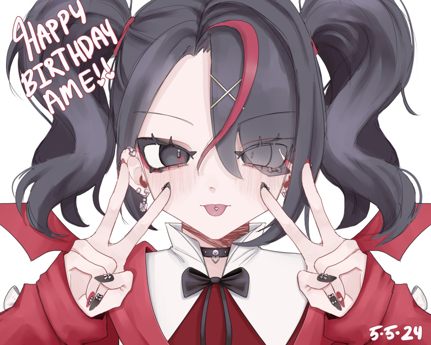 1girl ame-chan_(needy_girl_overdose) black_choker black_eyes black_hair black_nails black_ribbon character_name choker dated double_v earrings eyes_visible_through_hair ezra_(tomiauk) hair_ornament hair_over_one_eye hands_up happy_birthday highres jewelry long_hair long_sleeves looking_at_viewer multicolored_hair nail_polish neck_ribbon needy_girl_overdose official_alternate_costume piercing red_hair red_nails red_shirt red_wings ribbon shirt simple_background smile solo streaked_hair tongue tongue_out tongue_piercing twintails upper_body v white_background wings x_hair_ornament