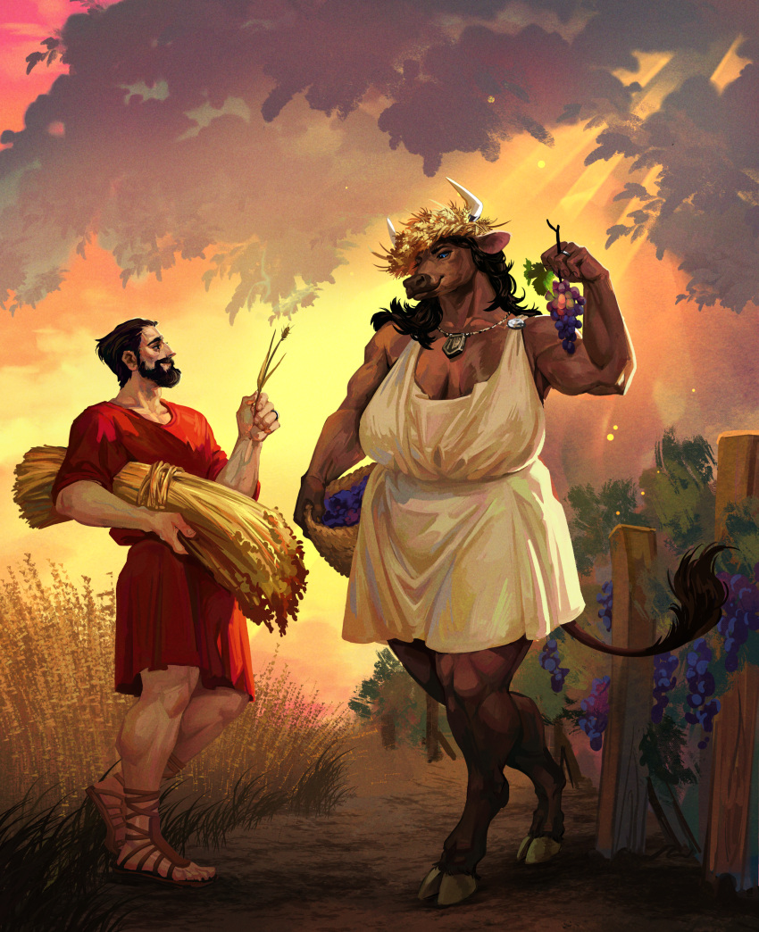 absurd_res anthro basket blue_eyes bovid bovine breasts brown_body brown_fur brown_hair cattle closed_smile clothed clothing container digit_ring dress duo european_mythology eye_contact facial_hair female field food footwear fruit fur grape grass greek_mythology hair hi_res holding_basket holding_container holding_object hooves horn human husband_and_wife interspecies jewelry larger_anthro larger_female light light_beam looking_at_another male mammal married_couple minotaur mouth_closed muscular muscular_female mythology necklace nihea_avarta numerius_ignius_bubulcus outside plant ring roman sandals shirt size_difference smaller_human smaller_male smile sunbeam sunlight topwear tree tunic turdusphilomelos twilight wedding_ring wheat wheat_crown wheat_field