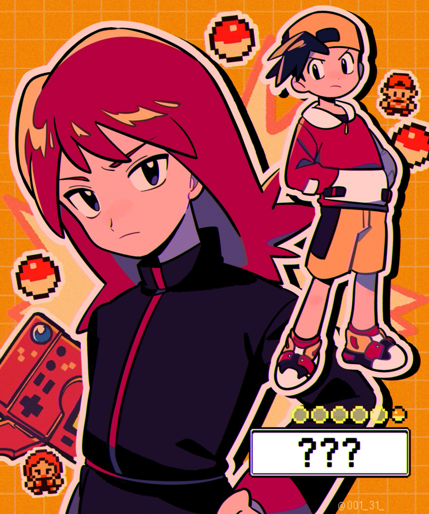 2boys backwards_hat black_eyes black_jacket black_shirt chueog closed_mouth ethan_(pokemon) frown grid_background hands_in_pockets hat highres jacket long_hair looking_at_viewer male_focus multiple_boys orange_background pokedex pokemon pokemon_gsc red_hair red_jacket shirt shoes shorts silver_(pokemon) sprite yellow_shorts