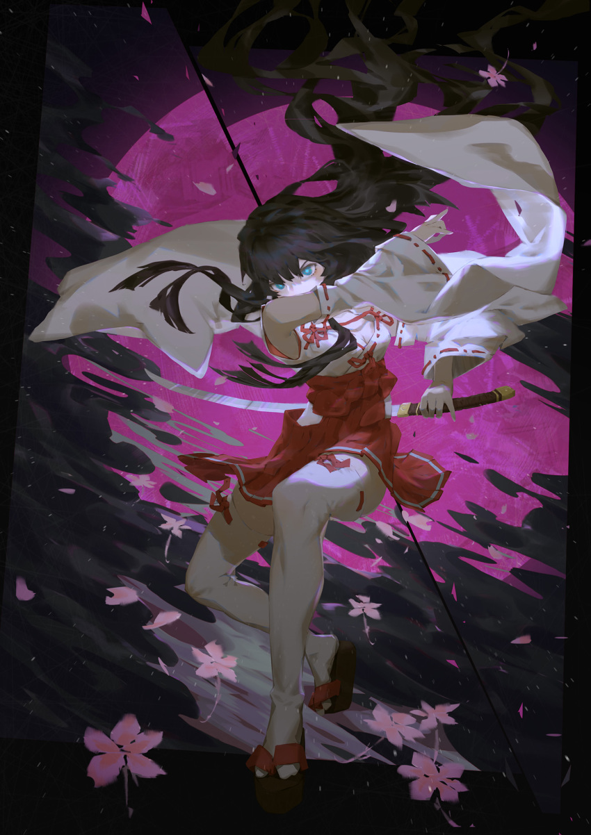 1girl black_clouds black_hair blowing_leaves blue_eyes blunt_ends commentary_request detached_sleeves egasumi hair_blowing hakama highres holding holding_sword holding_weapon japanese_clothes katana king's_raid lace-trimmed_sleeves long_hair miko moon okobo red_moon seria_(king's_raid) solo split_image spongeman9214 sword very_long_hair weapon