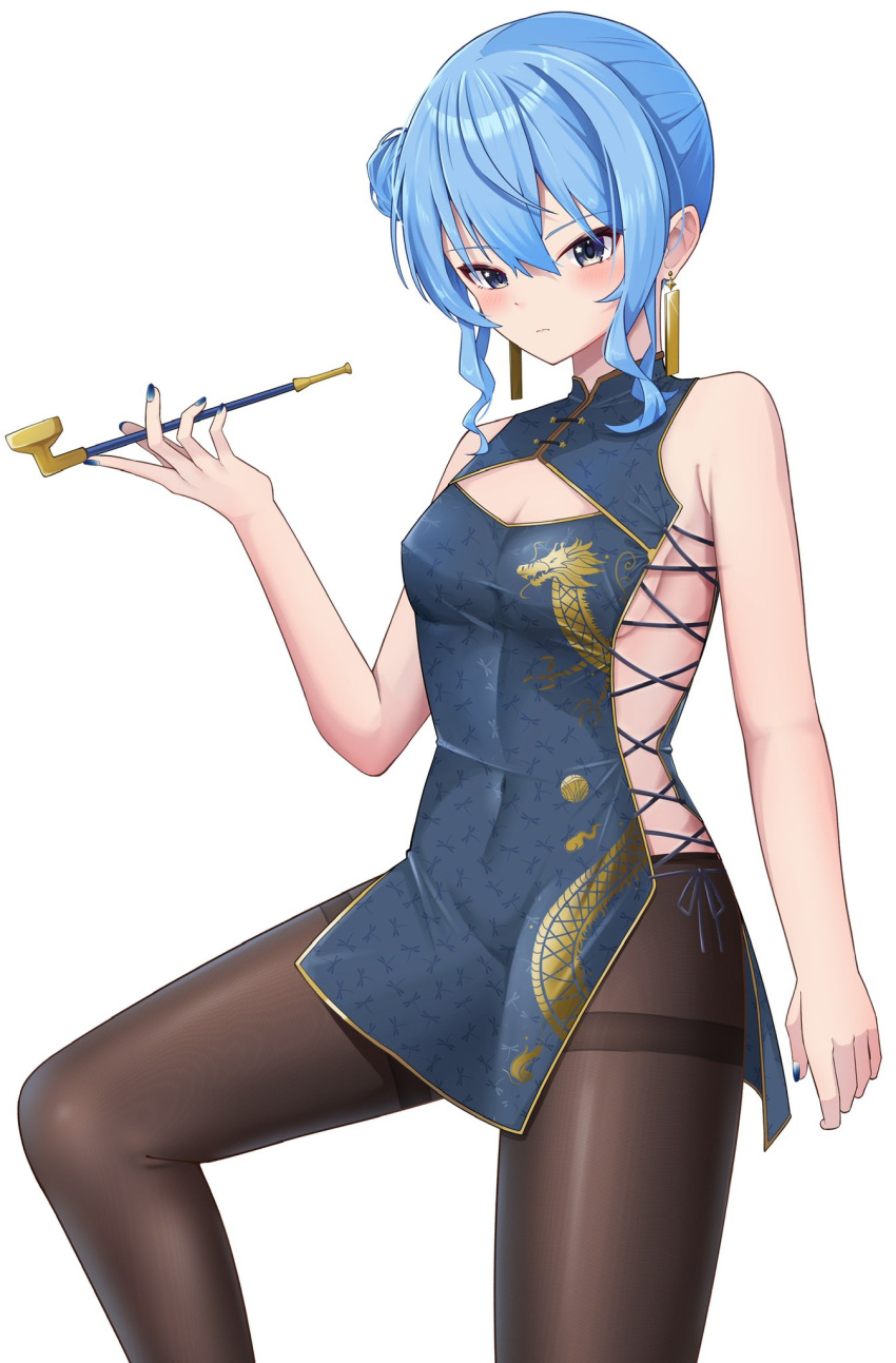 1girl alternate_costume blue_eyes blue_hair blue_nails blush breasts brown_pantyhose china_dress chinese_clothes closed_mouth covered_navel cowboy_shot dangle_earrings dragon_print dress earrings gold_earrings hair_bun highres hiiragi_melt holding holding_smoking_pipe hololive hoshimachi_suisei jewelry pantyhose short_dress simple_background sleeveless sleeveless_dress small_breasts smoking_pipe solo virtual_youtuber white_background