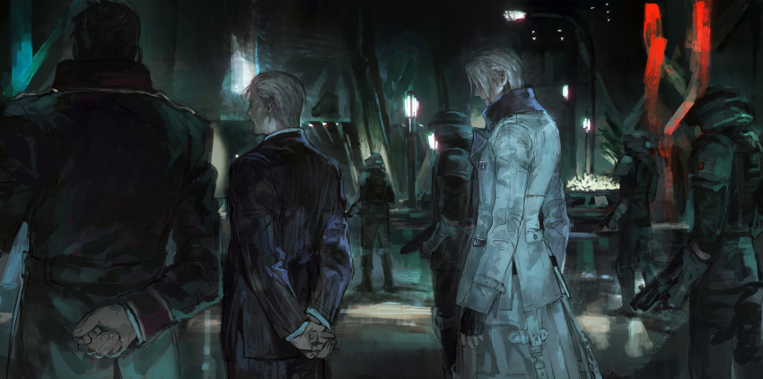 6+boys arms_behind_back black_gloves blonde_hair coat commentary_request final_fantasy final_fantasy_vii final_fantasy_vii_remake fingerless_gloves gloves hair_slicked_back high_collar highres interlocked_fingers jacket long_coat multiple_boys quxiaochong rufus_shinra short_hair soldier solo_focus standing suit suit_jacket white_coat