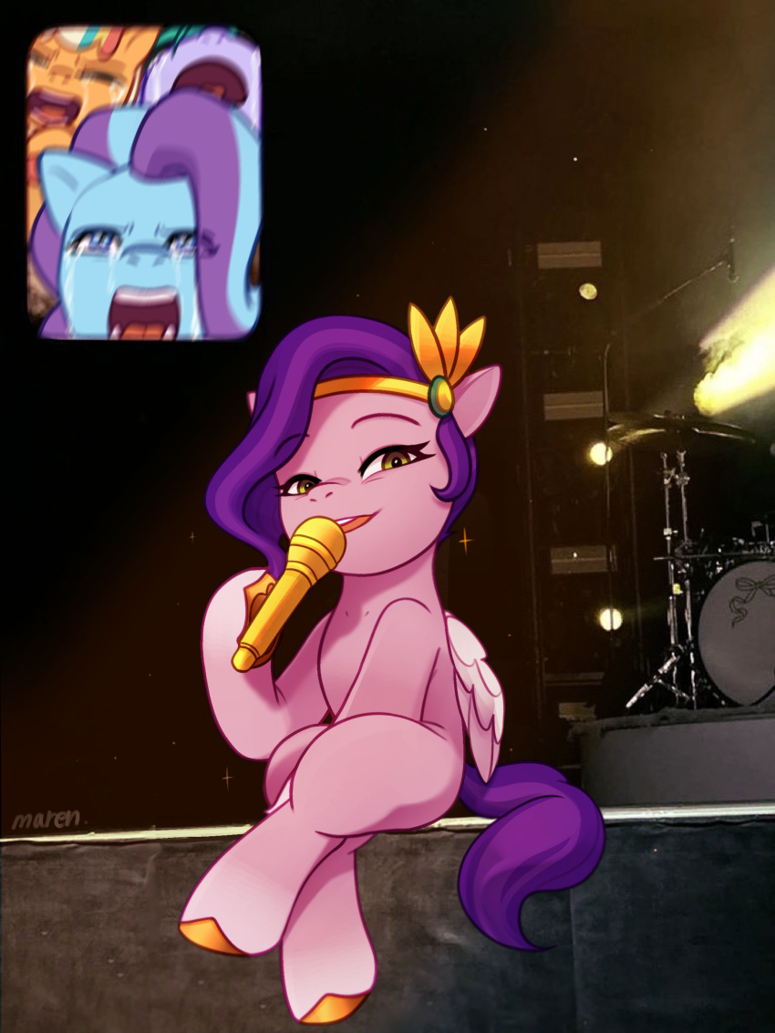 absurd_res bodily_fluids crossed_legs electronics equid equine fur glory_(mlp) green_eyes hair hasbro headpiece hi_res hooves mammal marenlicious microphone mlp_g5 my_little_pony mythological_creature mythological_equine mythology peach_fizz_(mlp) pegasus pink_body pink_fur pipp_petals_(mlp) purple_hair purple_tail seashell_(mlp) sitting tail tears wings