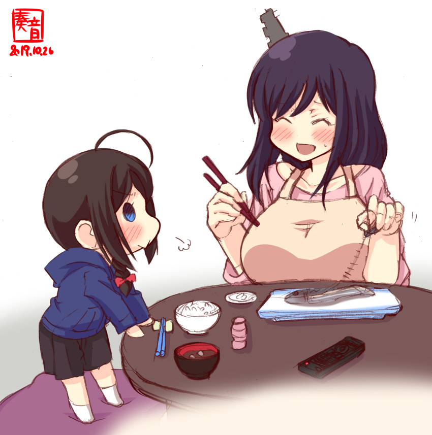 2girls ahoge apron artist_logo bangs black_hair blue_eyes blue_hoodie blush bow bowl braid brown_hair chopstick_rest chopsticks closed_eyes collarbone commentary_request controller dated fish fish_bone food hair_bow hair_ornament hair_over_shoulder highres holding holding_chopsticks hood hood_down hoodie kanon_(kurogane_knights) kantai_collection long_sleeves miso_soup multiple_girls open_mouth pink_shirt red_bow remote_control rice rice_bowl saury shigure_(kantai_collection) shirt short_hair signature single_braid smile socks soup white_legwear yamashiro_(kantai_collection) younger