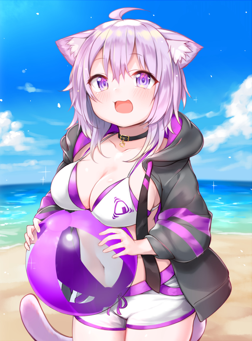 animal_ears bikini cleavage hololive nekomata_okayu nekomimi open_shirt sukemyon swimsuits tail