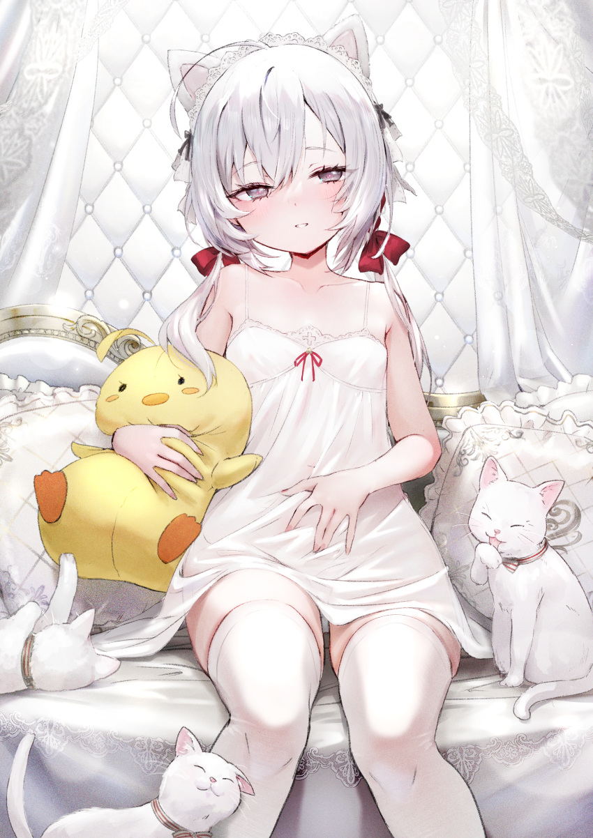 1girl absurdres ahoge animal_ears azur_lane bare_shoulders blush breasts cat cat_ears character_doll collarbone commentary couch covered_navel fake_animal_ears flandre_(azur_lane) grey_eyes hair_between_eyes hair_ribbon hand_on_own_stomach highres indoors kai_(ootamuno12) manjuu_(azur_lane) medium_hair nightgown on_couch panties parted_lips pillow red_ribbon ribbon sitting small_breasts smile thighhighs twintails underwear white_cat white_hair white_nightgown white_panties white_thighhighs