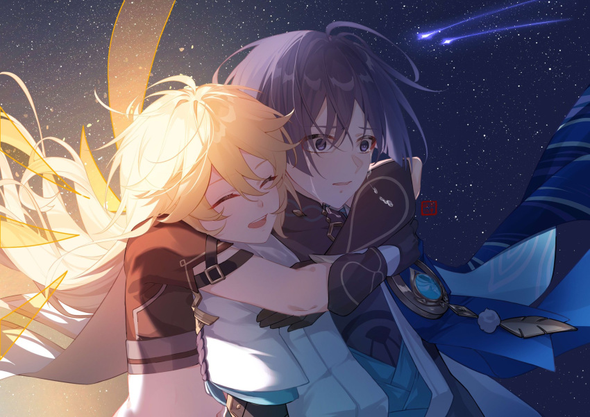 2boys aether_(genshin_impact) ahoge alternate_hairstyle arm_armor black_shirt blonde_hair blue_cape blue_gemstone blue_sky blunt_ends brown_gloves brown_shirt buzheng61241 cape closed_eyes crying crying_with_eyes_open eyeshadow gem genshin_impact gloves gold_necklace hair_between_eyes highres hug hug_from_behind jewelry long_hair looking_to_the_side makeup male_focus mandarin_collar multiple_boys necklace night night_sky no_headwear open_clothes open_mouth open_vest outdoors pom_pom_(clothes) purple_eyes purple_hair red_eyeshadow scaramouche_(genshin_impact) shirt shooting_star short_hair short_sleeves sky sleeveless sleeveless_shirt smile standing star_(sky) starry_sky tears teeth tongue vest vision_(genshin_impact) wanderer_(genshin_impact) white_cape white_vest wings yaoi
