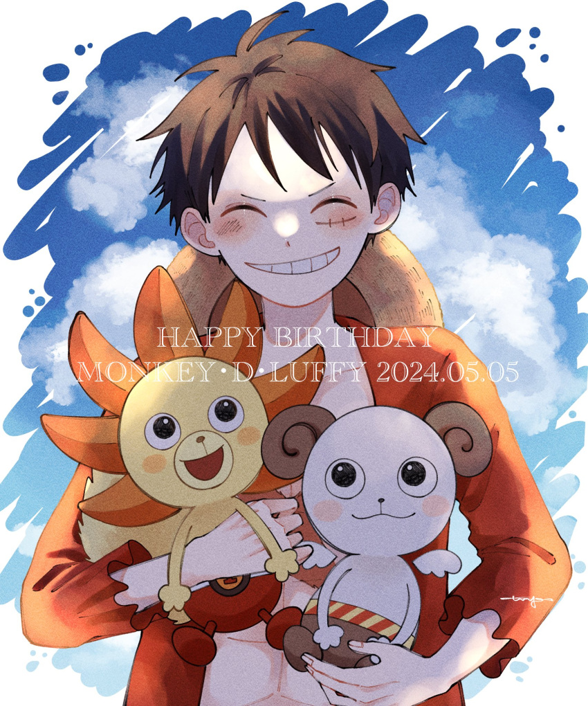 1boy ^_^ black_hair blush closed_eyes commentary_request dated facing_viewer going_merry happy_birthday highres monkey_d._luffy multiple_others one_piece oom_yoo open_clothes open_shirt red_shirt scar scar_on_face shirt short_hair sky smile thousand_sunny