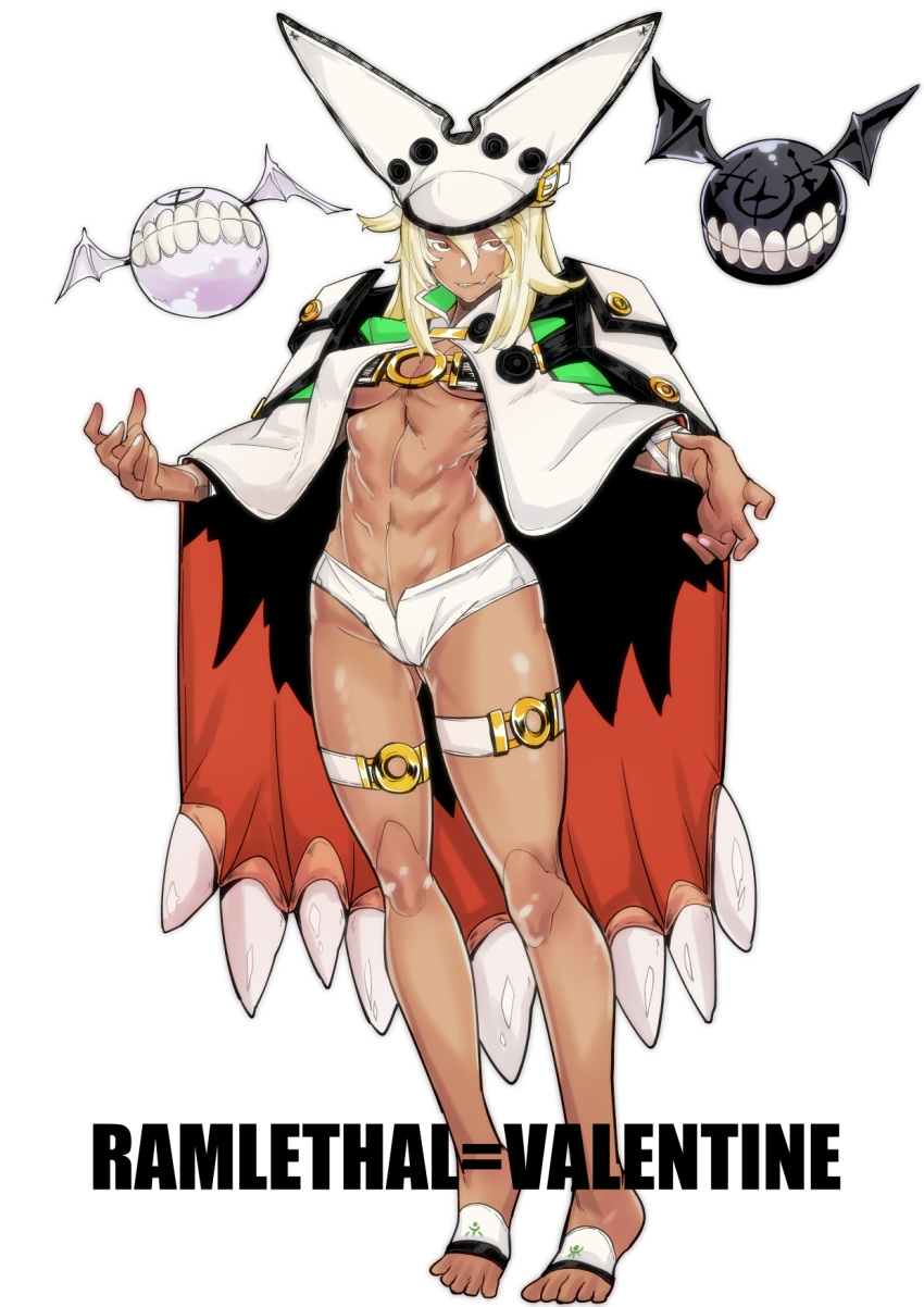 1girl abs barefoot beltbra biting breasts cape character_name dark_skin full_body guilty_gear guilty_gear_xrd hair_between_eyes hat highres lip_biting long_legs medium_breasts mr.way navel o-ring orange_eyes platinum_blonde_hair ramlethal_valentine short_shorts shorts slit_pupils solo_focus thigh_strap toes toned underboob white_shorts