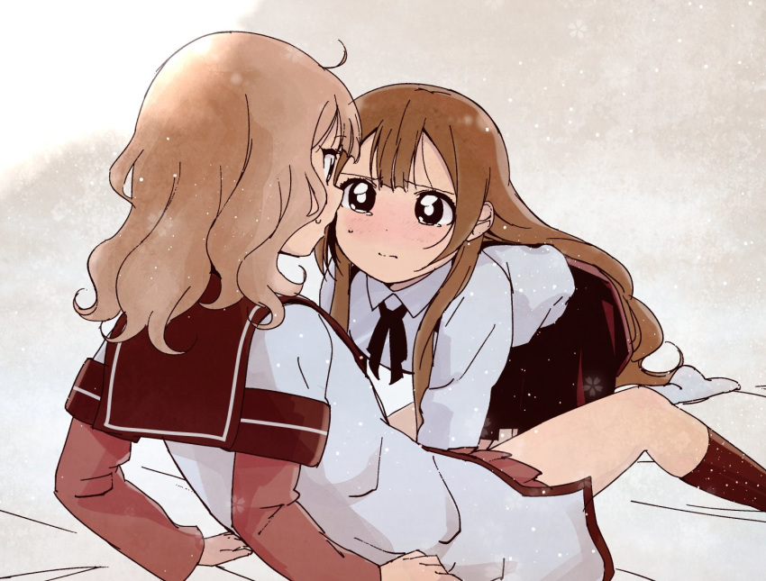 2girls ahoge bed blonde_hair blush brown_eyes brown_hair closed_mouth eyebrows_visible_through_hair grey_background imminent_kiss incest kamiki_uutarou looking_at_another multiple_girls nanamori_school_uniform neckerchief on_bed oomuro_hanako oomuro_sakurako open_mouth red_skirt school_uniform siblings simple_background sisters skirt tears yuri yuru_yuri