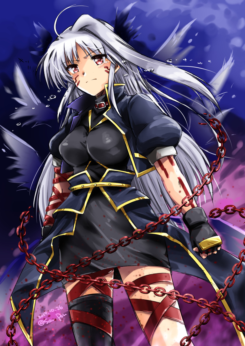 1girl arm_strap black_dress black_gloves black_jacket black_legwear black_wings blue_sky chain closed_mouth commentary crying crying_with_eyes_open dated dress eyebrows_visible_through_hair facial_mark fingerless_gloves frown gloves highres jacket long_hair lyrical_nanoha magical_girl mahou_shoujo_lyrical_nanoha mahou_shoujo_lyrical_nanoha_a's mahou_shoujo_lyrical_nanoha_the_movie_2nd_a's multicolored multicolored_sky nachtwal puffy_short_sleeves puffy_sleeves purple_sky red_eyes reinforce san-pon short_dress short_sleeves silver_hair single_hair_intake single_thighhigh sky solo tears thigh_strap thighhighs twitter_username waist_cape wings