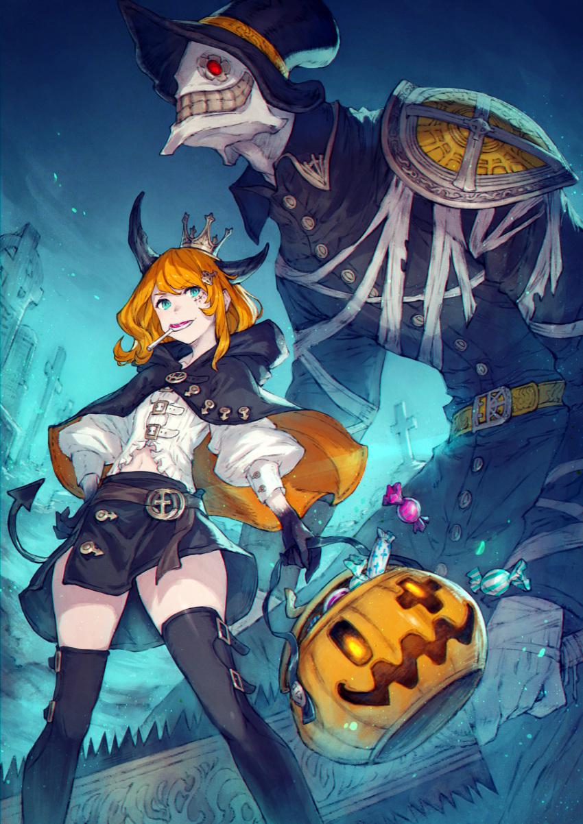 1girl aqua_eyes blonde_hair candy cape costume crown food ghost graveyard hair_ornament hairclip halloween halloween_basket halloween_costume happy_halloween hat highres horns jack-o'-lantern kusano_shinta lollipop original pumpkin pumpkin_hat thighhighs trick_or_treat witch witch_hat