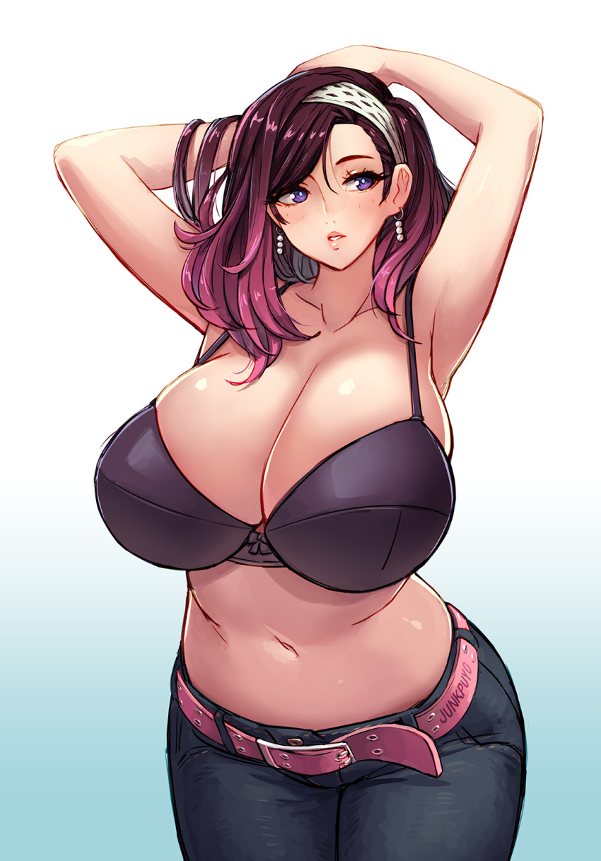 1girl armpits arms_behind_head arms_up artist_name bangs belt beryl_(junkpuyo) black_bow black_bra black_pants blue_background blush bow bow_bra bra breasts buckle cleavage clothes_writing collarbone cowboy_shot curvy denim earrings gradient gradient_background gradient_hair hair_between_eyes hairband hand_in_hair highres huge_breasts jeans jewelry junkpuyo legs_together lipstick long_hair looking_at_viewer makeup midriff multicolored_hair navel no_shirt original pants parted_lips pearl_earrings pink_belt pink_lipstick purple_eyes purple_hair shiny shiny_hair sideboob solo standing swept_bangs thick_thighs thighs underwear white_background white_hairband