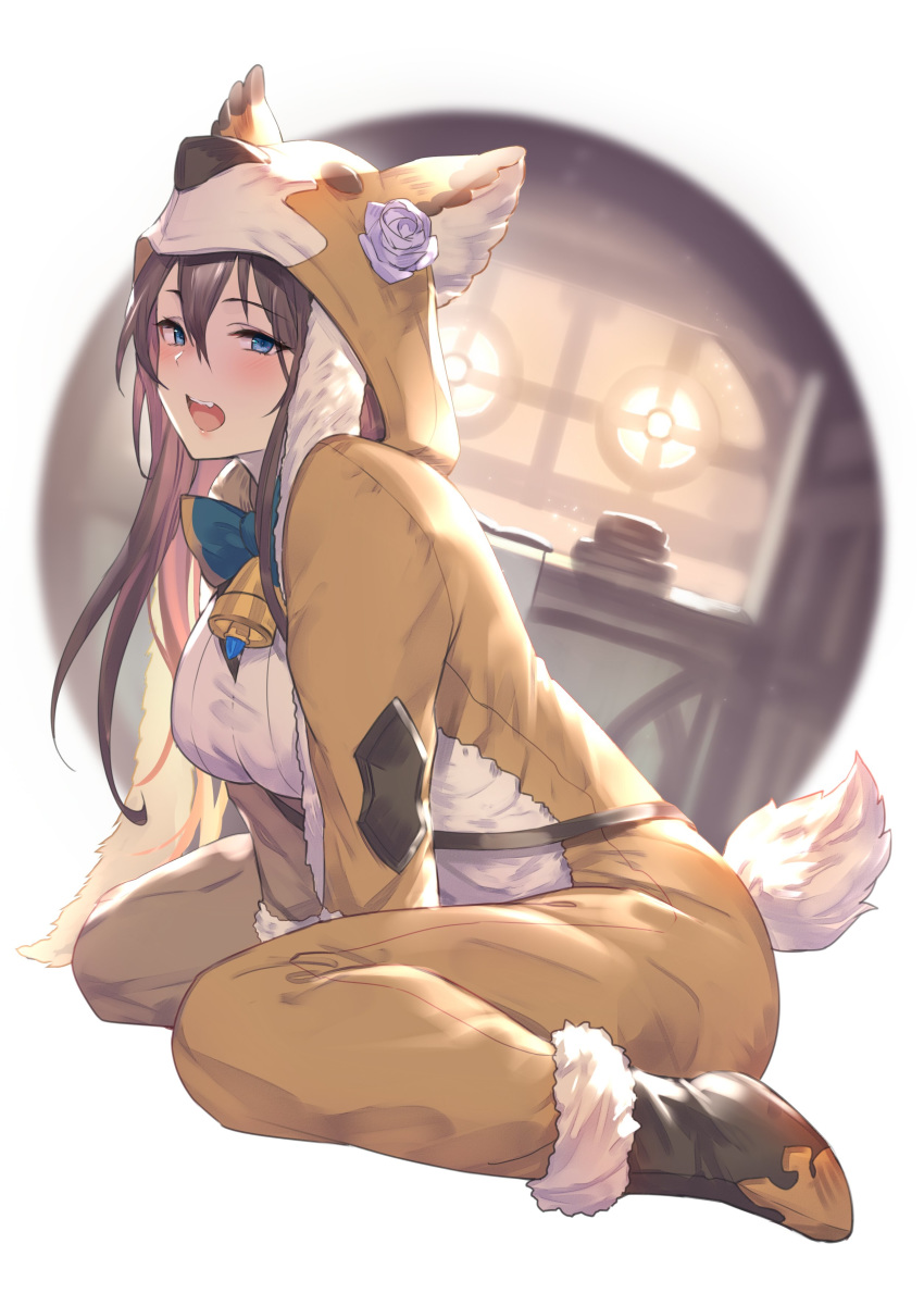 1girl :d absurdres animal_costume bangs bell between_legs blue_eyes blush boots breasts brown_hair cosplay daetta_(granblue_fantasy) daetta_(granblue_fantasy)_(cosplay) flower full_body fur_trim granblue_fantasy hair_between_eyes hand_between_legs highres hood hood_up kakage large_breasts long_hair looking_at_viewer open_mouth rose rosetta_(granblue_fantasy) sidelocks sitting smile solo tail wariza