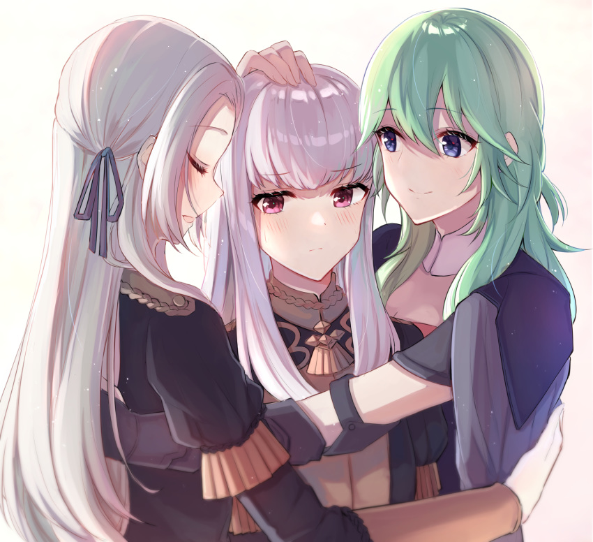 3girls :d arm_up bangs black_jacket blue_eyes blue_ribbon blush brown_background byleth_(fire_emblem) byleth_(fire_emblem)_(female) closed_eyes closed_mouth commentary edelgard_von_hresvelg eyebrows_visible_through_hair fire_emblem fire_emblem:_three_houses garreg_mach_monastery_uniform gradient gradient_background green_hair hair_between_eyes hair_ribbon hand_on_another's_head highres jacket long_hair long_sleeves lysithea_von_ordelia multiple_girls open_mouth profile puffy_short_sleeves puffy_sleeves purple_eyes ribbon satoimo_chika short_over_long_sleeves short_sleeves silver_hair smile symbol_commentary upper_body very_long_hair white_background