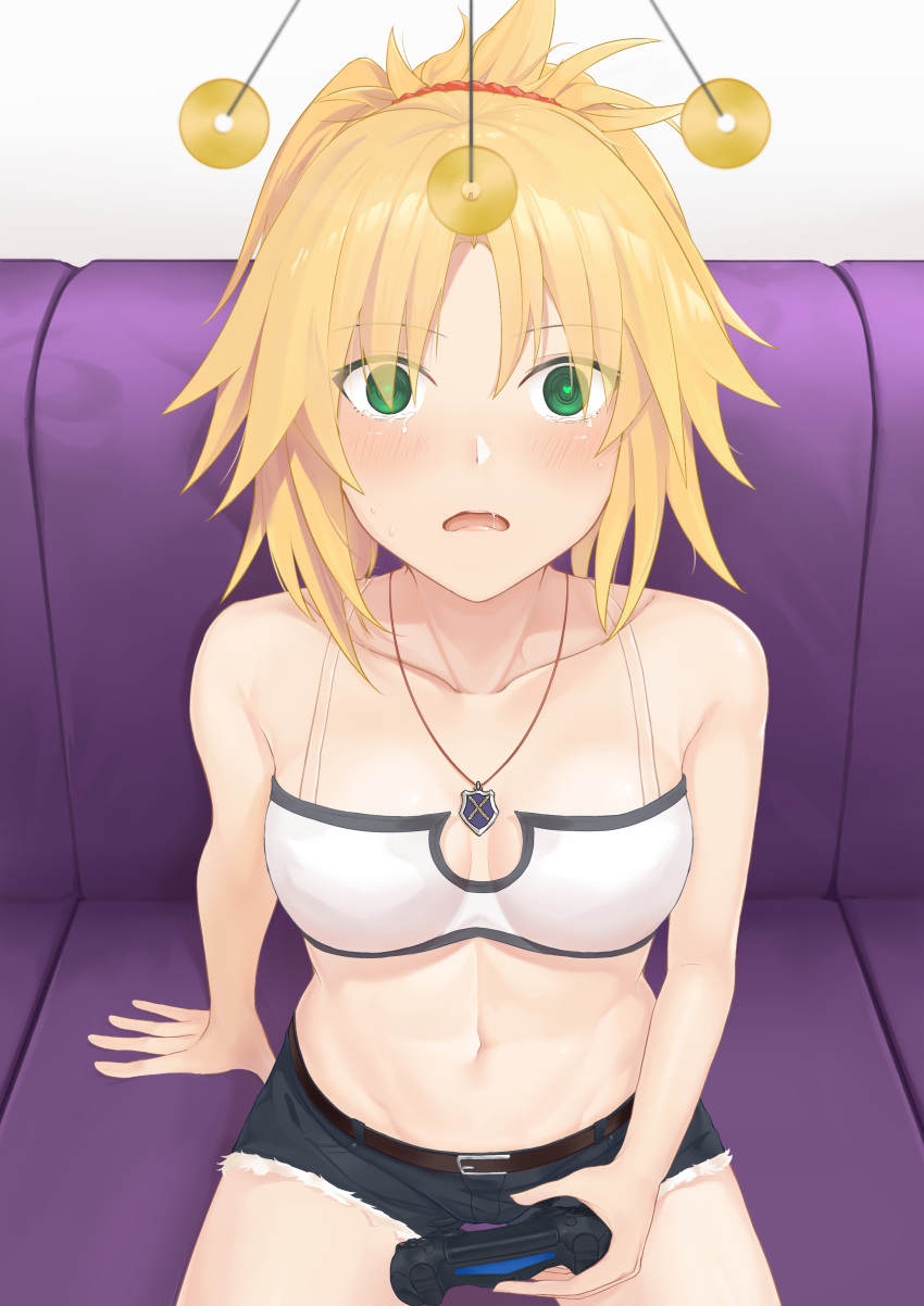 1girl absurdres bangs bare_arms bare_shoulders blonde_hair blush braid breasts collarbone commentary_request controller dualshock eyebrows_visible_through_hair fate/apocrypha fate/grand_order fate_(series) game_controller gamepad green_eyes hair_ornament highres holding_controller hypnosis jewelry long_hair looking_at_viewer medium_breasts mind_control mordred_(fate) mordred_(fate)_(all) navel necklace open_mouth playstation_controller ponytail red_scrunchie scrunchie shorts sitting smile solo wowan_baihe_zenmeliao