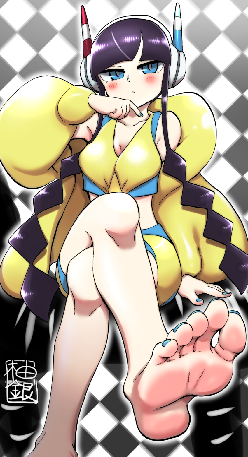 1girl bangs bare_shoulders barefoot blue_nails blunt_bangs blush breasts coat crossed_legs feet fingernails foreshortening gym_leader headphones highres kamitsure_(pokemon) long_hair looking_at_viewer midriff nail pokemon pokemon_(game) pokemon_bw2 pov_feet purple_hair shorts sitting soles solo toenail_polish toenails toes yuzu_gin_(pika97)