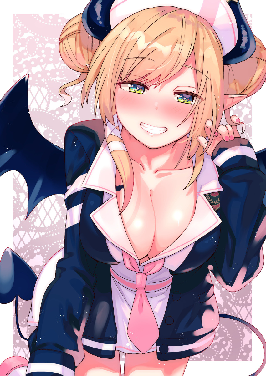 1girl absurdres all_fours alternate_costume bangs black_cardigan blonde_hair blue_eyes blush breast_tattoo breasts cardigan cleavage clenched_teeth collarbone demon_girl demon_horns demon_tail demon_wings double_bun dress fingernails hand_in_hair hat highres hololive horns large_breasts long_sleeves looking_at_viewer multicolored_hair necktie nose_blush nurse_cap open_cardigan open_clothes pink_neckwear pleated_skirt simple_background skirt streaked_hair tail tattoo teeth tonari_no_kai_keruberosu virtual_youtuber white_dress wings yuzuki_choco