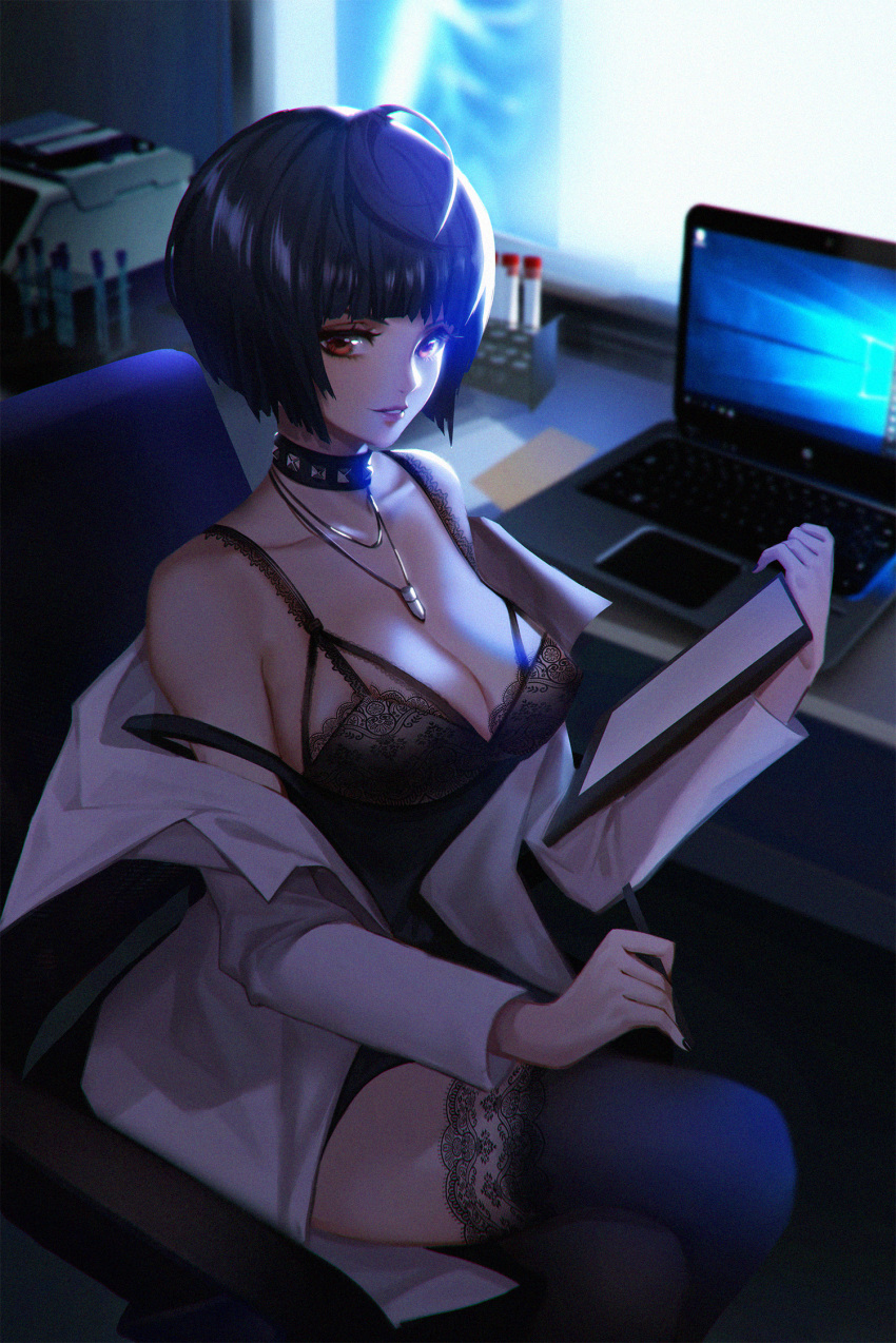 1girl ahoge bare_shoulders black_bra black_choker black_dress black_hair black_legwear black_nails bob_cut bra breasts choker cleavage clipboard collarbone computer crossed_legs dress highres holding holding_pen indoors labcoat lace lace-trimmed_bra lace-trimmed_legwear laptop large_breasts long_sleeves looking_at_viewer nail_polish necktie off_shoulder open_clothes parted_lips pen persona persona_5 red_eyes screen_light short_hair sitting smile solo strap_slip studded_choker table takemi_tae thighhighs underwear zenghuimin