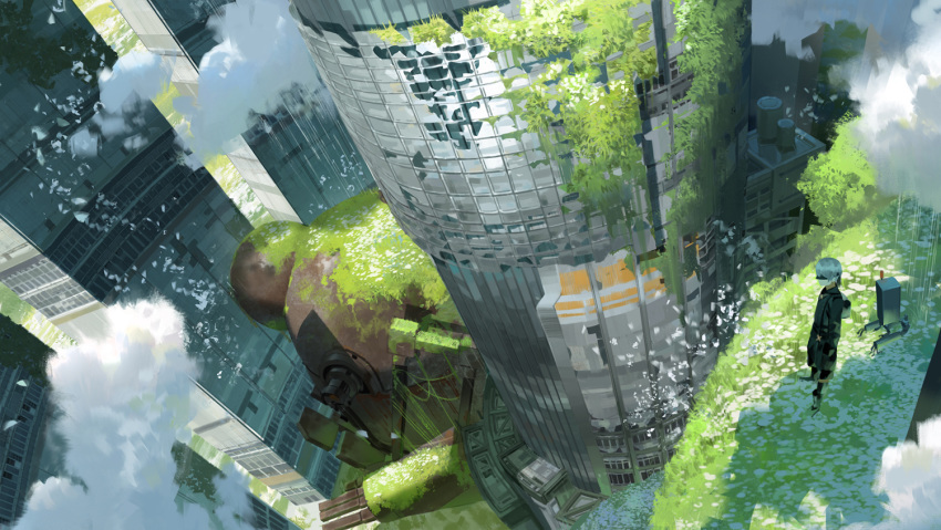 1boy black_blindfold black_legwear black_shorts blindfold boots building city cloud commentary_request from_above grass long_sleeves male_focus nier_(series) nier_automata outdoors overgrown robot sawana scenery shade shorts silver_hair skyscraper standing thighhighs white_hair yorha_no._9_type_s
