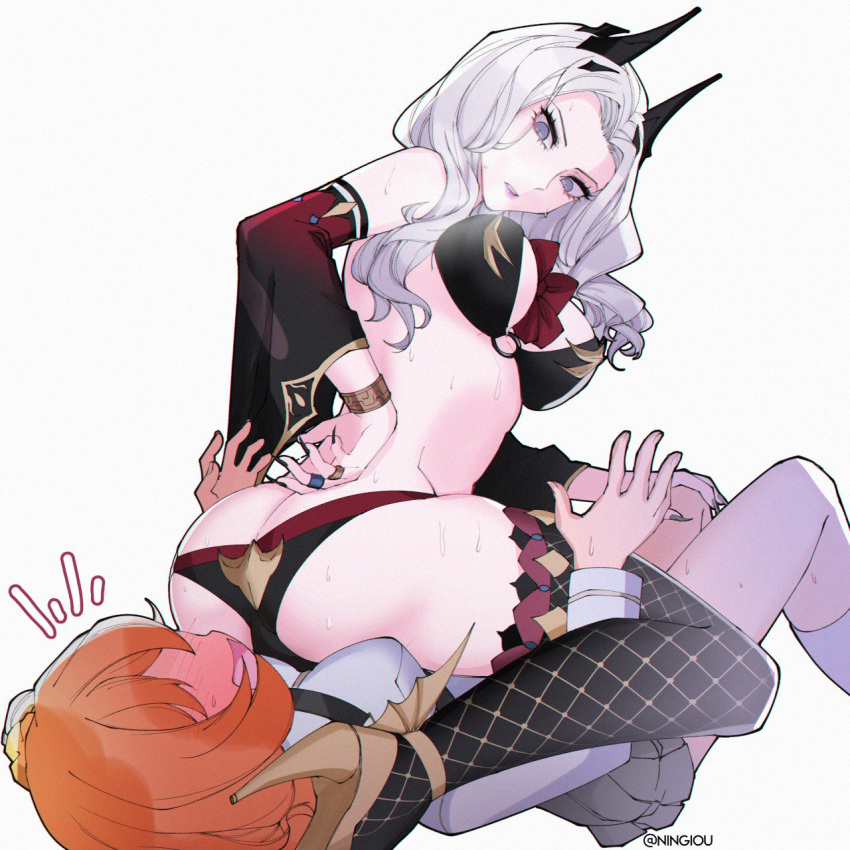 2girls ass bikini black_legwear black_nails blush butt_crack carmilla_(fate/grand_order) carmilla_(swimsuit_rider)_(fate) chaldea_uniform detached_sleeves faceless faceless_female fate/grand_order fate_(series) fingernails fishnets fujimaru_ritsuka_(female) full-face_blush hand_on_another's_knee hand_on_hip high_heels highres horns kyou_(ningiou) long_fingernails looking_at_another multiple_girls one_side_up orange_hair parted_lips scrunchie sharp_fingernails silver_hair simple_background sitting sitting_on_person sweat swimsuit thighhighs twisted_torso twitter_username white_background yuri