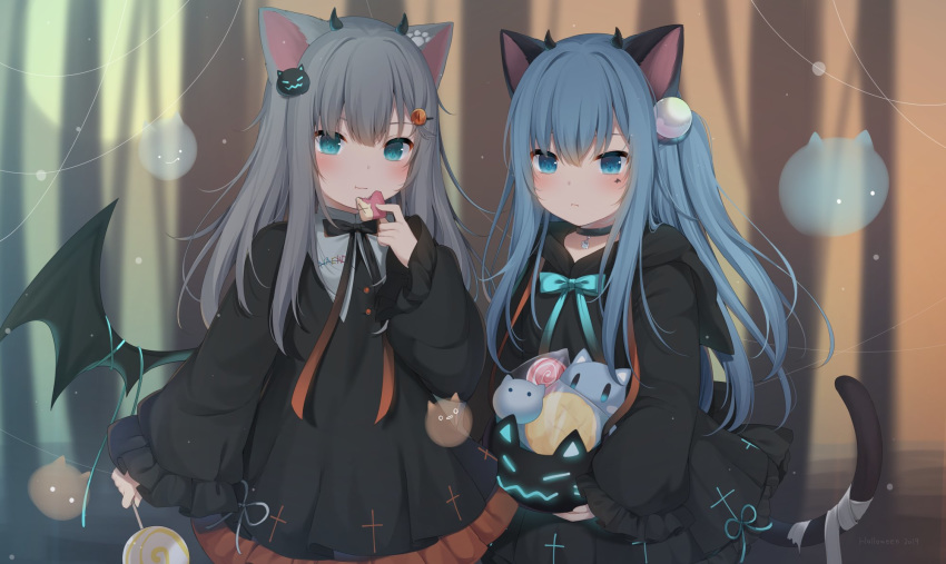 2019 2girls :t amashiro_natsuki animal_ears bangs black_bow black_dress blue_eyes blue_hair blush bow candy cat_ears cat_girl cat_tail closed_mouth commentary_request demon_girl demon_horns demon_wings dress eating eyebrows_behind_hair food frilled_dress frills hair_between_eyes hair_ornament hairclip halloween halloween_basket highres holding holding_food holding_lollipop hood hood_down hooded_dress horns lollipop long_hair long_sleeves looking_at_viewer multiple_girls nacho_(amashiro_natsuki) nekoha_shizuku one_side_up original sleeves_past_wrists swirl_lollipop tail very_long_hair wavy_mouth wide_sleeves wings