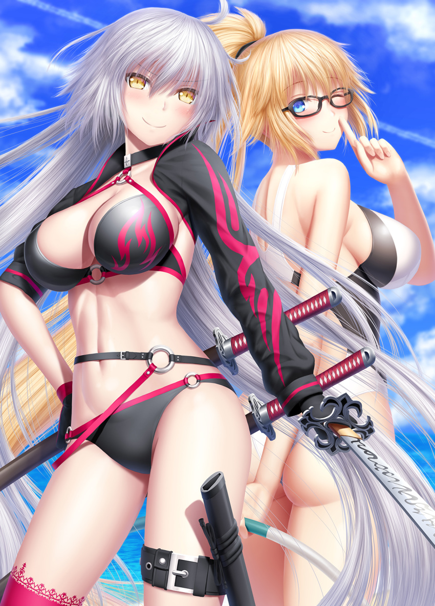 2girls ahoge ass bikini black-framed_eyewear black_bikini black_choker black_gloves black_jacket blue_sky breasts butt_crack choker cleavage cloud competition_swimsuit condensation_trail cropped_jacket fate/grand_order fate_(series) glasses gloves grey_hair highleg highleg_swimsuit highres holding hoop hula_hoop jacket jeanne_d'arc_(alter_swimsuit_berserker) jeanne_d'arc_(fate)_(all) jeanne_d'arc_(swimsuit_archer) katana large_breasts long_hair masatoki multiple_girls multiple_swords navel o-ring o-ring_bikini o-ring_bottom o-ring_top ocean one-piece_swimsuit ponytail red_legwear sheath sheathed shrug_(clothing) single_thighhigh sky smile swimsuit sword thigh_strap thighhighs very_long_hair weapon white_swimsuit yellow_eyes