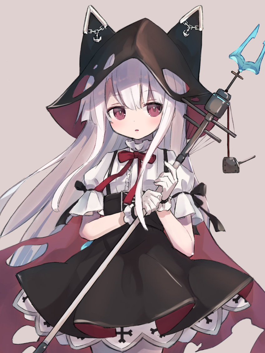 1girl anchor animal_hood azur_lane bangs black_cape black_ribbon cape center_frills chain dress erebus_(azur_lane) frilled_gloves frilled_sleeves frills fujii_shino gloves hair_between_eyes high-waist_skirt highres holding holding_staff hood hooded_cape long_hair looking_to_the_side neck_ribbon pantyhose parted_lips petticoat pinafore_dress pink_eyes puffy_short_sleeves puffy_sleeves red_ribbon ribbon ribbon-trimmed_sleeves ribbon_trim short_sleeves sidelocks skirt solo staff white_gloves white_hair white_legwear