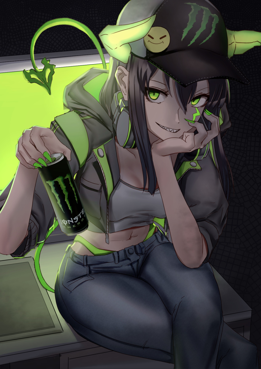 1girl baseball_cap black_hair blue_pants breasts can chin_rest collarbone crop_top cropped_jacket crossed_legs dark demon_horns demon_tail denim desk facial_mark fingernails green_eyes grey_jacket grey_shirt grin hair_between_eyes hat headphones headphones_around_neck highleg highres holding holding_can hood hooded_jacket horns jacket long_hair looking_at_viewer medium_breasts midriff monitor monster_energy monster_energy-chan nakasaku-p navel open_clothes open_jacket original pants sharp_fingernails sharp_teeth shirt sidelocks sitting smile solo tail teeth