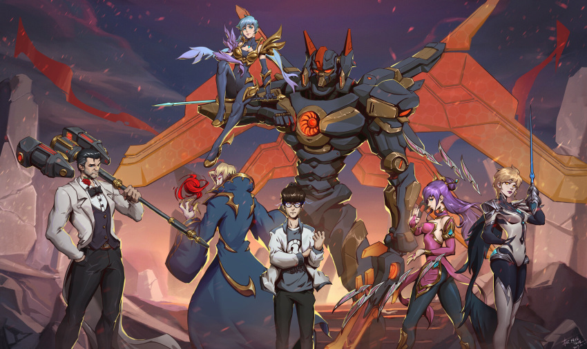 3girls 4boys aatrox alternate_costume chinese_clothes coat dawnbringer_riven debonair_jayce fiora_laurent floating_swords formal glasses hammer highres invictus_gaming invictus_gaming_fiora irelia jayce league_of_legends marquis_vladimir mecha_aatrox multiple_boys multiple_girls order_of_the_lotus_irelia overcoat real_life riven_(league_of_legends) suit sword tangxiao12345 theshy_(gamer) vladimir weapon wings