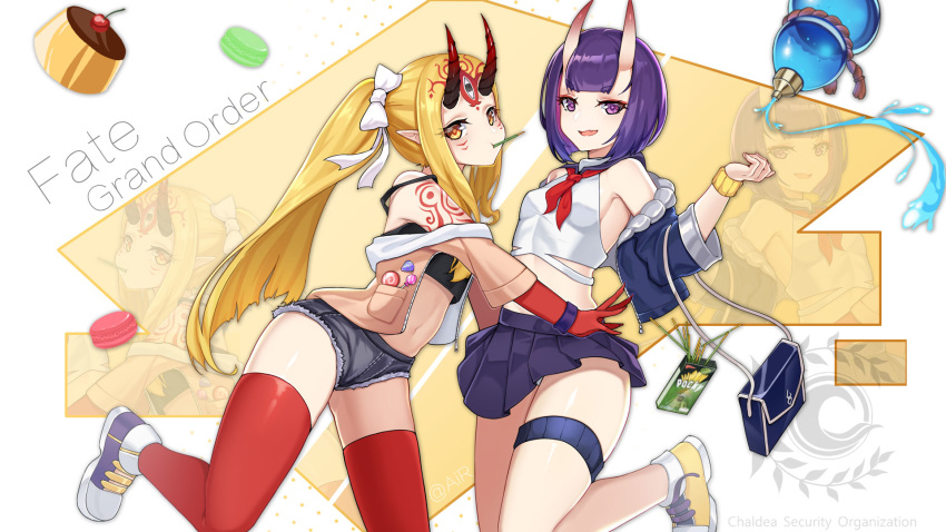 2girls bag bare_shoulders black_camisole black_shorts blonde_hair blue_jacket blush bow breasts brown_jacket camisole closed_mouth commentary_request copyright_name crop_top facial_mark fang fate/grand_order fate_(series) food food_in_mouth forehead_mark gourd hair_bow highres horns ibaraki_douji_(fate/grand_order) jacket long_hair long_sleeves macaron midriff mo_ying_yu multiple_girls neckerchief off_shoulder oni oni_horns open_clothes open_jacket open_mouth panties pleated_skirt pocky pointy_ears pudding purple_eyes purple_footwear purple_hair purple_skirt red_eyes red_legwear red_neckwear shirt shoes short_hair short_shorts shorts shoulder_bag shuten_douji_(fate/grand_order) sidelocks skin-covered_horns skirt sleeveless sleeveless_shirt small_breasts standing standing_on_one_leg strap_slip thighhighs underwear very_long_hair white_bow white_panties white_shirt wristband yellow_footwear
