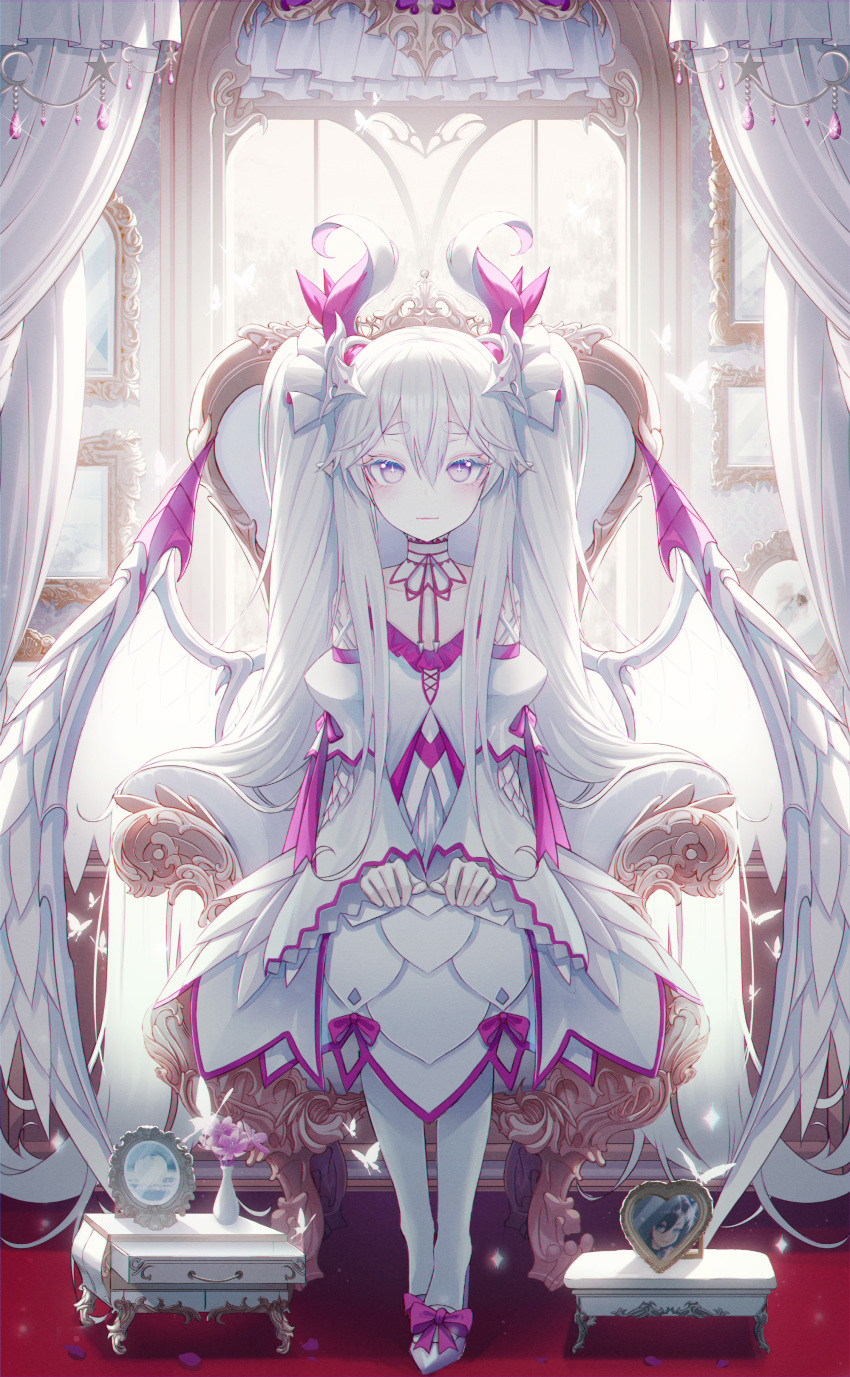 +_+ 1girl absurdly_long_hair absurdres albino armchair blush bow chair closed_mouth collarbone dragon_girl dragon_wings eyebrows_visible_through_hair full_body high_heels highres lolita_fashion long_hair looking_at_viewer okazu_(eightstudio) original pantyhose purple_bow purple_eyes smile standing thick_eyebrows twintails very_long_hair white_footwear white_hair wings