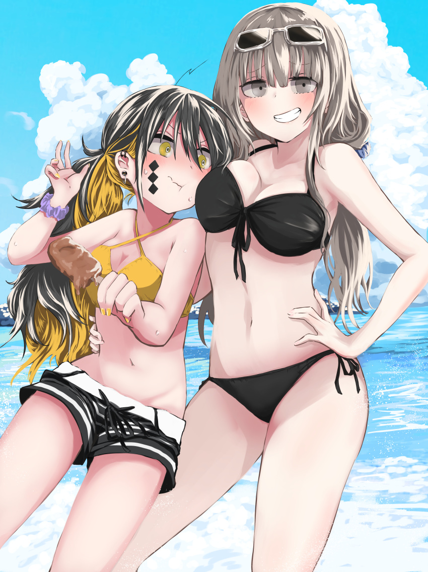 2girls :t absurdres bangs bare_arms bare_shoulders bikini black_bikini black_hair blonde_hair blue_sky blush breasts brown_hair cleavage closed_mouth cloud cloudy_sky collarbone criss-cross_halter day eyebrows_visible_through_hair eyewear_on_head facial_mark fingernails food front-tie_bikini front-tie_top grey-framed_eyewear grey_eyes grin hair_between_eyes halterneck hand_on_hip highres holding holding_food huge_filesize ice_cream kamatama long_hair looking_at_viewer medium_breasts multicolored_hair multiple_girls nail_polish navel nishiga_hachi original outdoors ponytail purple_scrunchie scrunchie short_shorts shorts side-tie_bikini sky smile striped striped_shorts sunglasses sweat swimsuit two-tone_hair v-shaped_eyebrows very_long_hair water wavy_mouth wrist_scrunchie yellow_bikini_top yellow_eyes yellow_nails