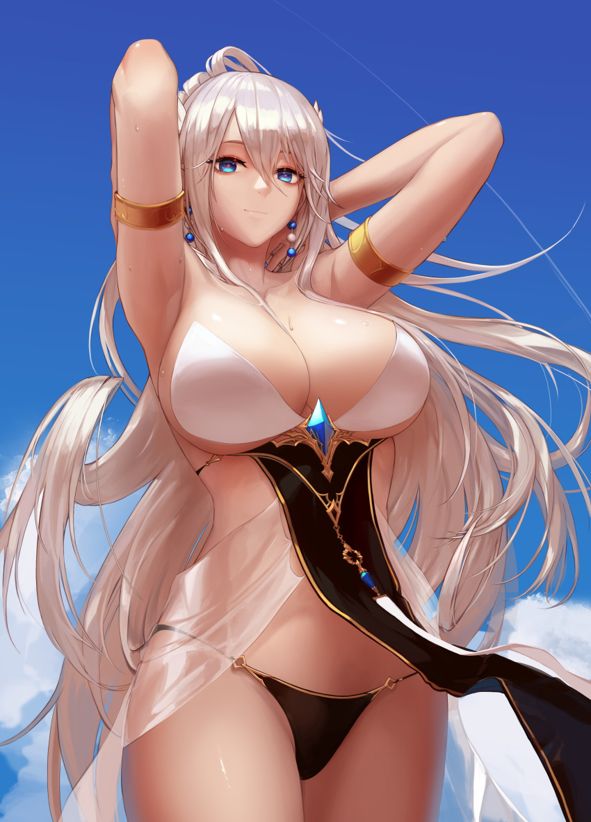 1girl absurdres armlet armpits arms_behind_head arms_up bangs banned_artist bare_shoulders black_bikini_bottom blue_eyes blue_sky breasts cleavage closed_mouth collarbone dungeon_and_fighter earrings female_gunner_(dungeon_and_fighter) hair_between_eyes highres jewelry large_breasts long_hair looking_at_viewer monaim silver_hair sky smile solo white_bikini_top