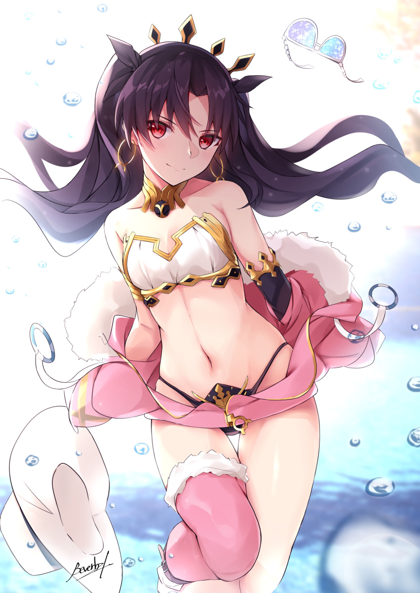 1girl absurdres bangs bare_shoulders bee_doushi bikini black_bikini_bottom black_hair black_legwear black_ribbon blush closed_mouth collar collarbone commentary_request earrings eyebrows_visible_through_hair eyewear_removed fate/grand_order fate_(series) fur-trimmed_jacket fur_trim hair_ribbon highres hoop_earrings ishtar_(fate/grand_order) jacket jewelry long_hair long_sleeves looking_at_viewer mismatched_bikini navel off_shoulder open_clothes open_jacket pink_jacket red_eyes ribbon signature single_thighhigh smile solo standing standing_on_one_leg stomach sunglasses swimsuit thigh_gap thighhighs two_side_up very_long_hair water_drop white-framed_eyewear white_bikini_top