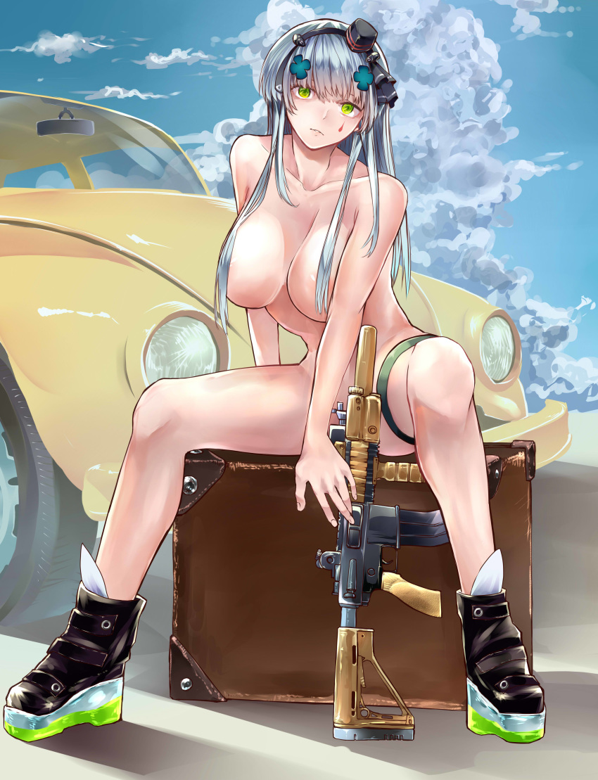 1girl absurdres ankle_boots assault_rifle bangs black_footwear blue_sky blunt_bangs boots breasts car case cloud collarbone convenient_censoring day expressionless facial_mark girls_frontline green_eyes ground_vehicle gun h&amp;k_hk416 hair_ornament hair_over_breasts hair_ribbon hat headgear heckler_&amp;_koch highres hk416_(girls_frontline) kyoyakyo long_hair looking_at_viewer mini_hat mod3_(girls_frontline) motor_vehicle nude outdoors parted_lips ribbon rifle silver_hair sitting sky solo teardrop thigh_strap volkswagen_beetle weapon
