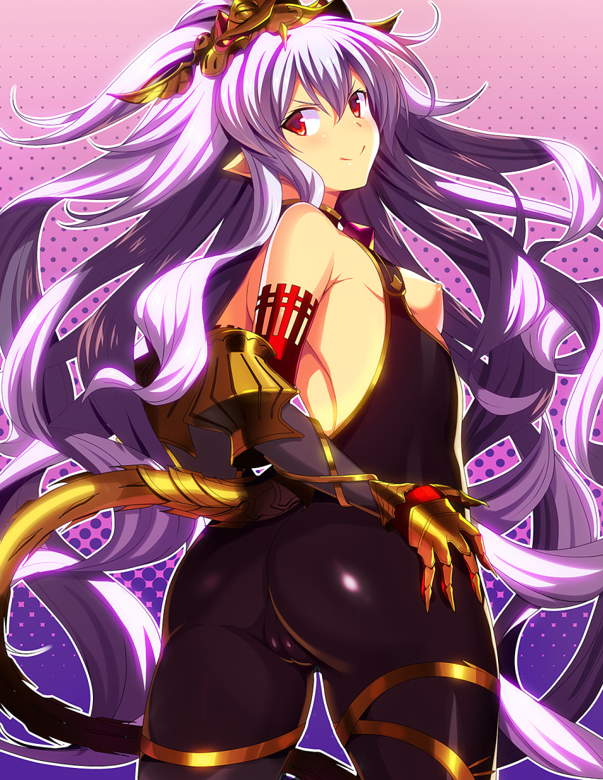 1girl ass bangs bare_shoulders blush bodysuit breasts breasts_outside cameltoe closed_mouth commentary_request elbow_gloves gauntlets gloves granblue_fantasy hair_between_eyes headpiece highres kyoku_tou lavender_hair long_hair looking_at_viewer looking_back medusa_(shingeki_no_bahamut) nipples pointy_ears purple_background red_eyes small_breasts smile solo standing tail very_long_hair
