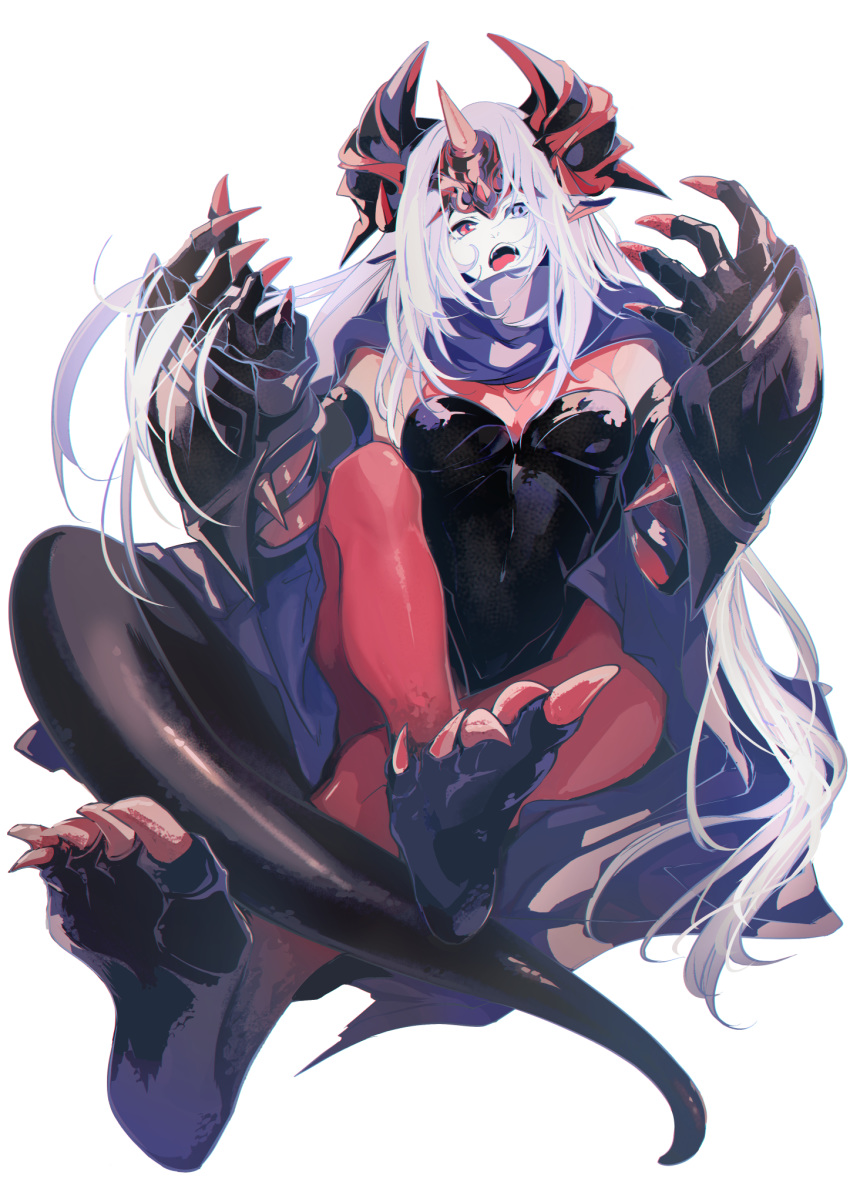 1girl an'ninsou armor blue_cape breasts cape claws covered_navel fangs headwear heterochromia highres horns long_hair open_mouth original pointy_ears purple_eyes red_eyes red_legwear sol tail tongue tongue_out white_hair yumitoriaoi