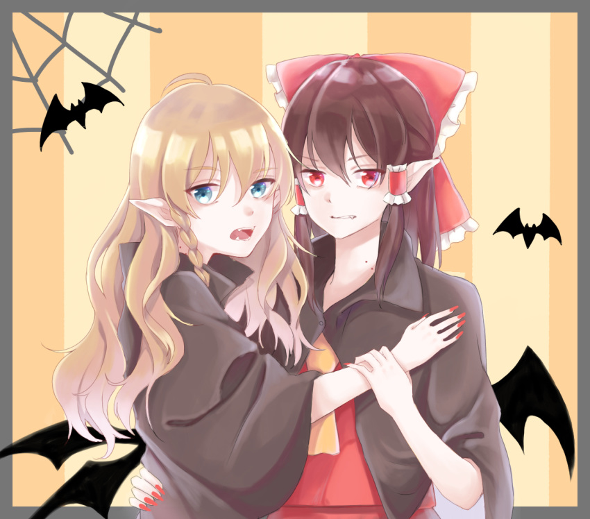 2girls ahoge akatsuki_(osamaru36) alternate_eye_color bat bat_wings bite_mark black_border black_cape blonde_hair blue_eyes border bow brown_hair cape commentary_request cravat eyebrows_visible_through_hair fangs fingernails hair_between_eyes hair_bow hair_tubes hakurei_reimu halloween hand_on_another's_back hand_on_another's_chest kirisame_marisa long_hair looking_at_viewer multiple_girls open_mouth partial_commentary pointy_ears red_eyes red_nails red_skirt red_vest sharp_fingernails short_hair sidelocks silk skirt sneer spider_web striped striped_background teeth touhou upper_body vampire vertical-striped_background vertical_stripes very_long_hair vest wings wrist_grab yellow_background yellow_neckwear