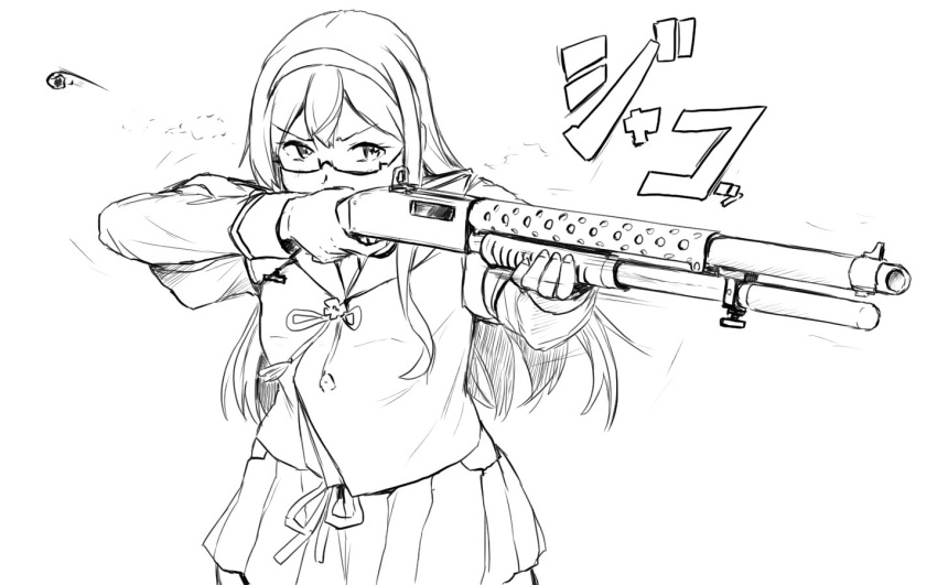 1girl aiming commentary_request eyebrows_visible_through_hair glasses greyscale gun hairband holding holding_gun holding_weapon kantai_collection long_hair long_sleeves monochrome ooyodo_(kantai_collection) pump_action semi-rimless_eyewear shotgun shotgun_shells simple_background skirt solo under-rim_eyewear vent_arbre weapon white_background winchester_model_1912