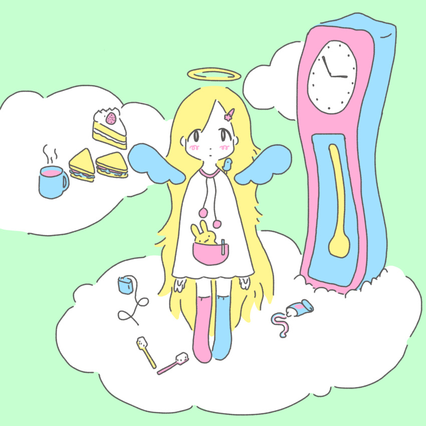 1girl :3 :| absurdres analog_clock angel_wings animal animal_on_shoulder arms_at_sides asymmetrical_legwear bangs bird bird_on_shoulder blonde_hair blue_legwear blush_stickers cake clock closed_mouth cloud cup dot_nose drawstring drink expressionless eyes_visible_through_hair flat_color food fruit green_background hair_ornament hairclip halo highres long_hair looking_at_viewer mug no_shoes original parted_bangs pen pink_legwear pocket pom_pom_(clothes) sandwich sink's_adventure slice_of_cake socks solo standing steam strawberry strawberry_shortcake stuffed_animal stuffed_bunny stuffed_toy tareme toothbrush toothpaste very_long_hair white_skin wings